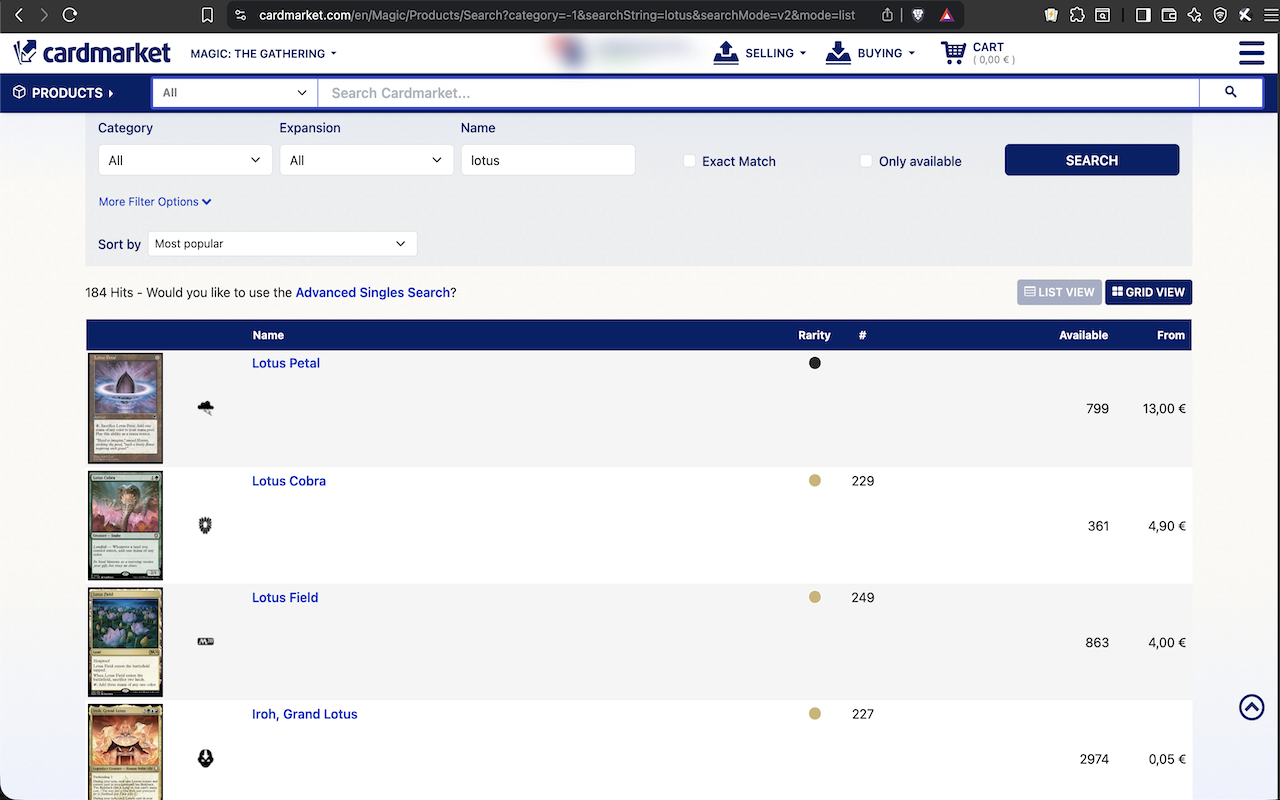 Search view showing card images in list format
