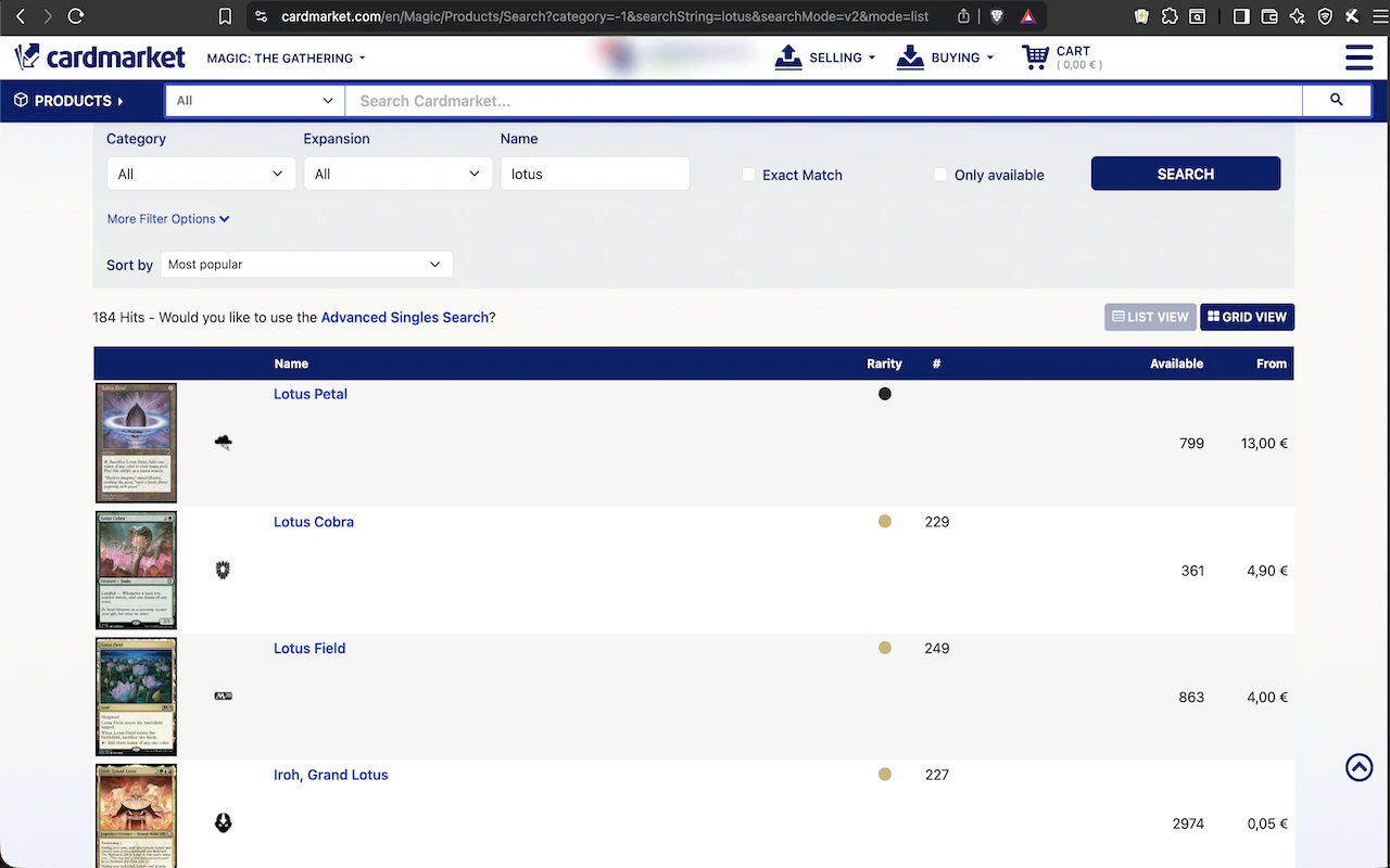 Enhanced search view showing card images in list format