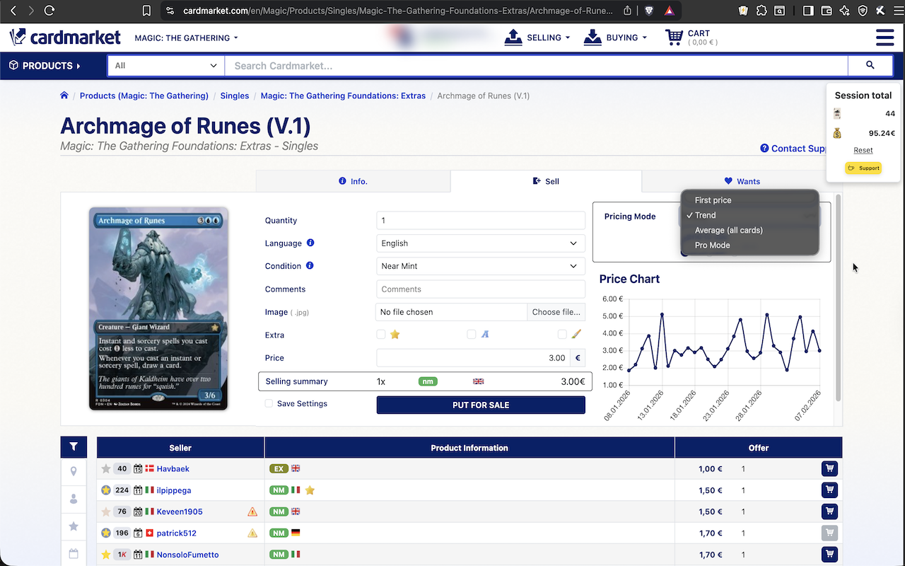 Pricing mode selection showing trend period and price type options