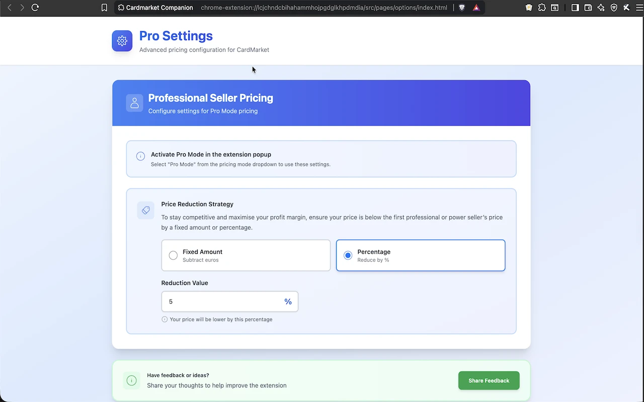 Pro mode settings panel with advanced configuration options