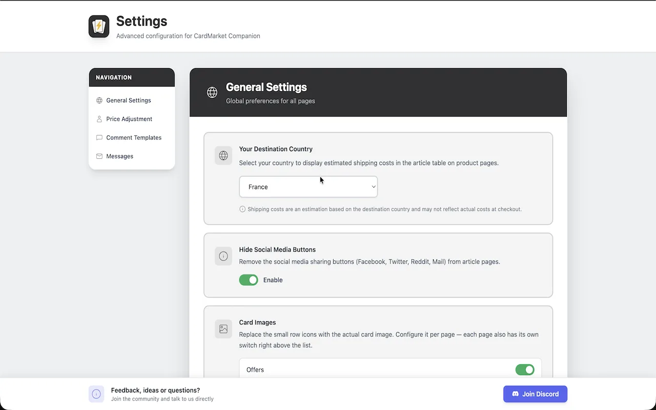 The extension settings page showing the destination country, the social button switch and the per-page card image toggles